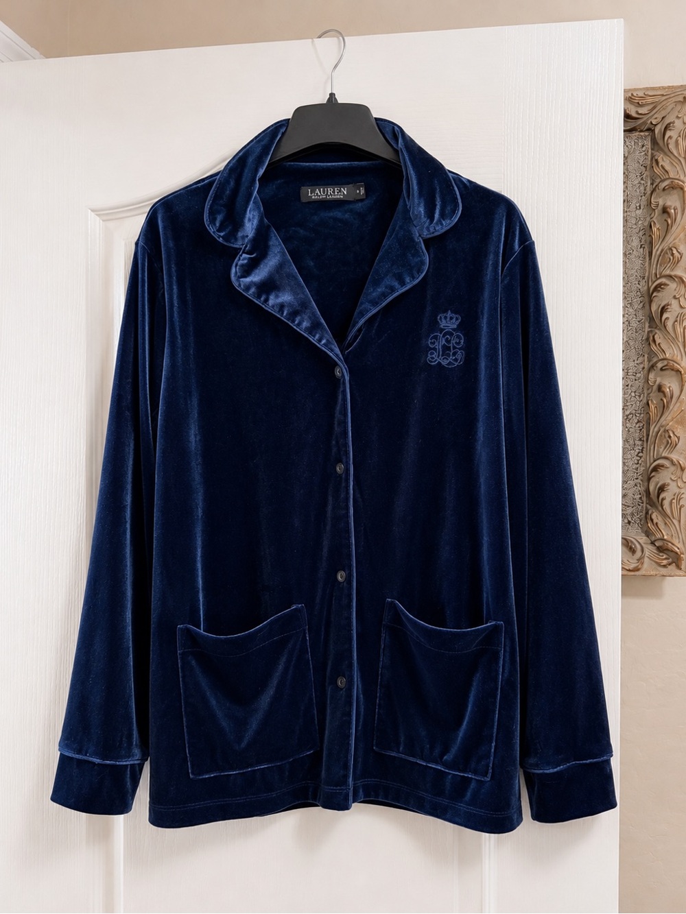 Lauren Ralph Lauren Navy Velvet Button-Front Pajama Top